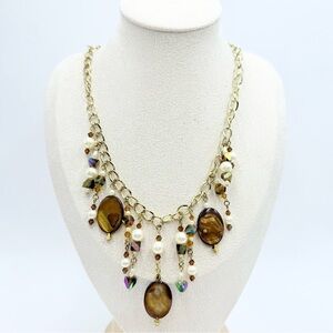 Vintage Gold and Brown Mother of Pearl Beaded Statement Necklace